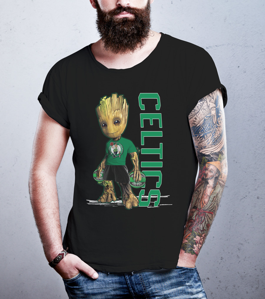Groot Celtics Boston Fan Art Marvel Basketball Collaboration T-Shirt