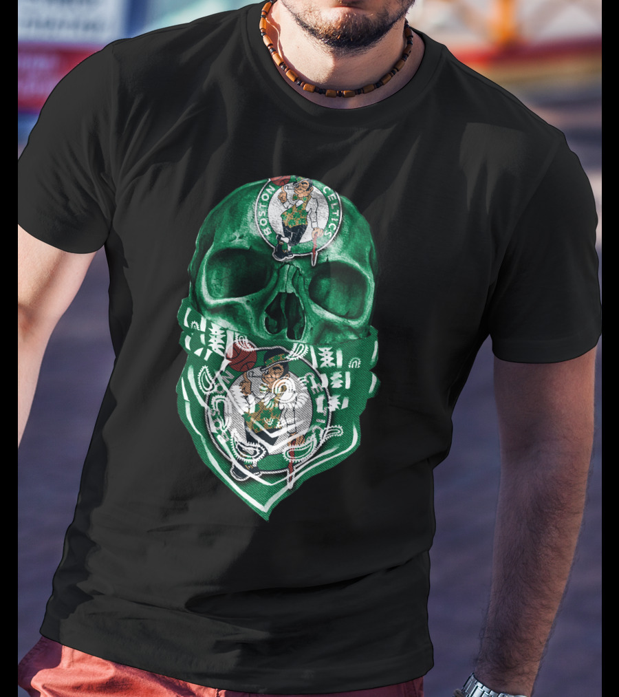 Boston Celtics Skull With Iconic Logos And Green Bandana T-Shirt