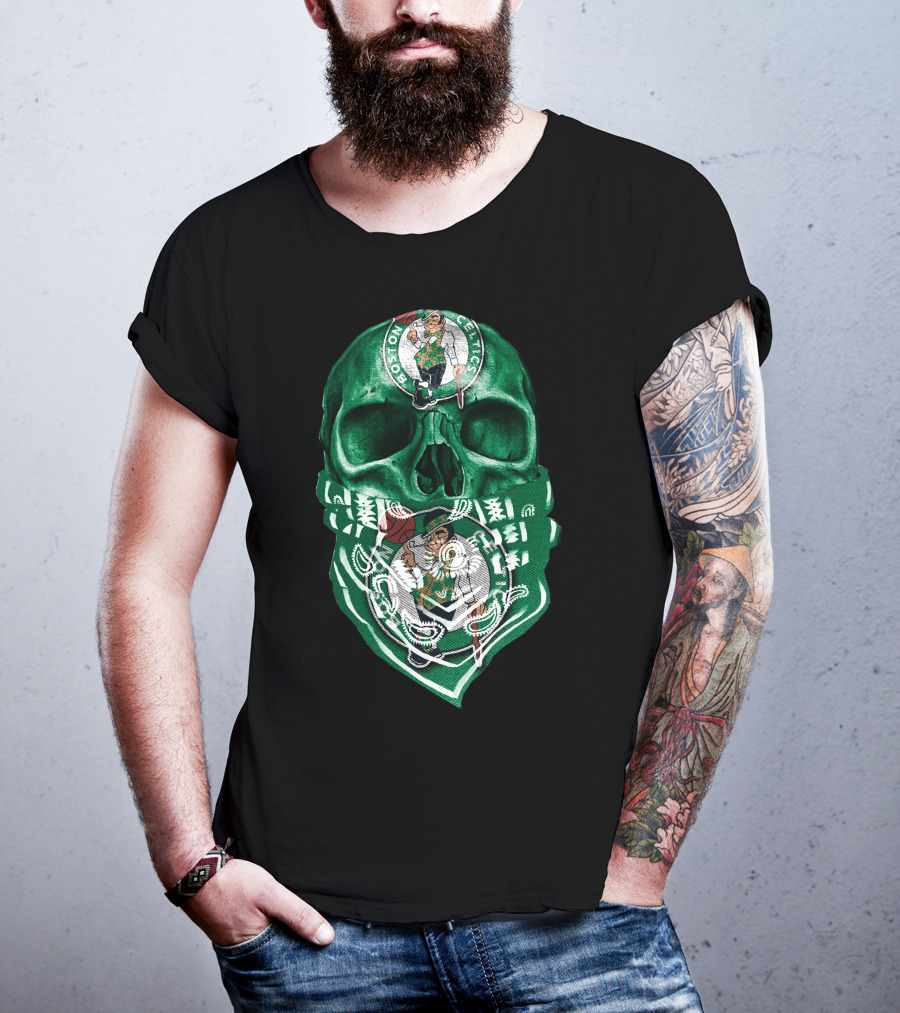 Boston Celtics Skull With Iconic Logos And Green Bandana T-Shirt