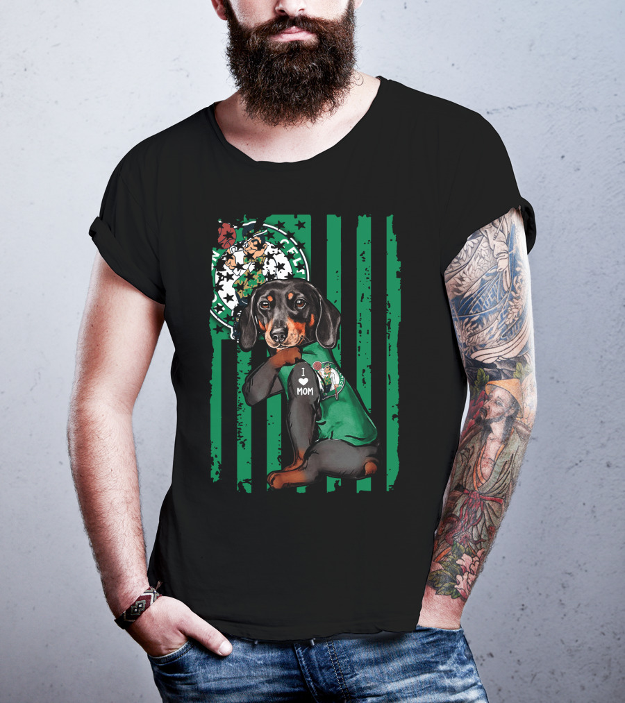 Dachshund Wearing I Love Mom Shirt With Boston Celtics Logo And Mascot T-Shirt