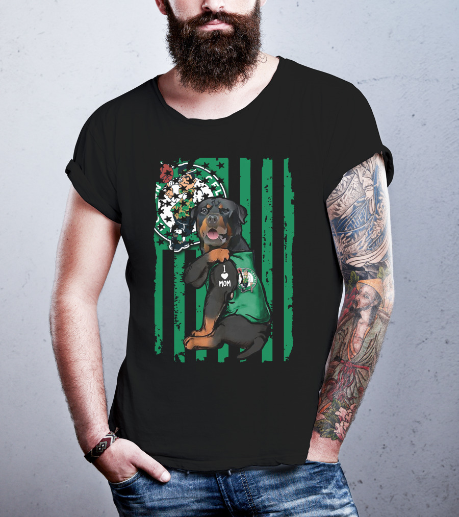 Rottweiler I Love Mom Boston Celtics Fan Logo Background T-Shirt