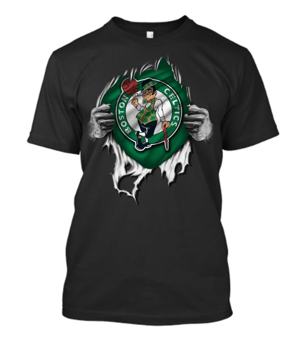 Torn Boston Celtics Ripped Logo Hands Peeling Away Revealing Team Emblem T-Shirt