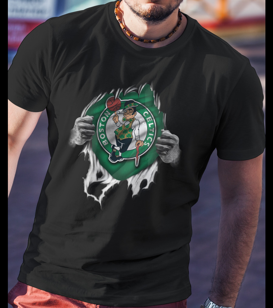 Torn Boston Celtics Ripped Logo Hands Peeling Away Revealing Team Emblem T-Shirt