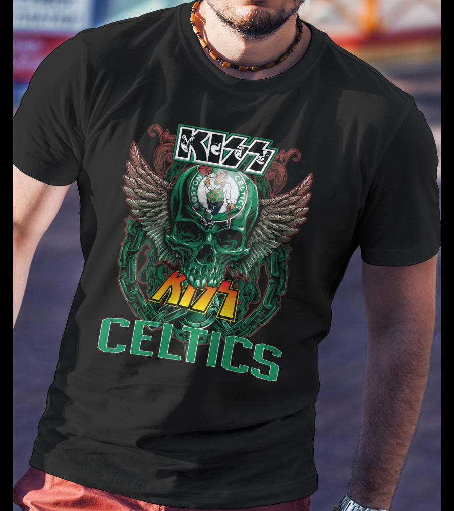 KISS Boston Celtics Skulls And Wings T-Shirt