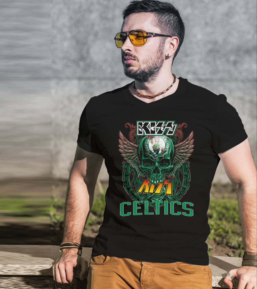 KISS Boston Celtics Skulls And Wings T-Shirt