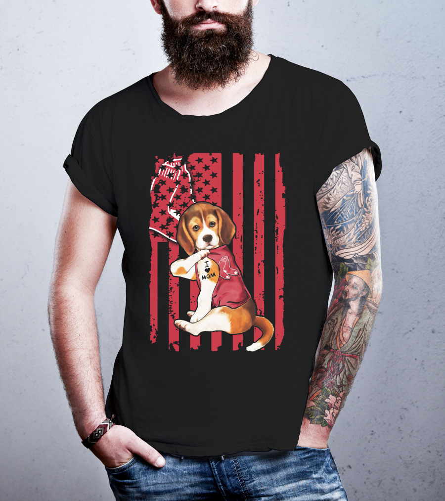 Beagle Puppy With Boston Red Sox Jersey And I Love Mom Tattoo On American Flag Background T-Shirt