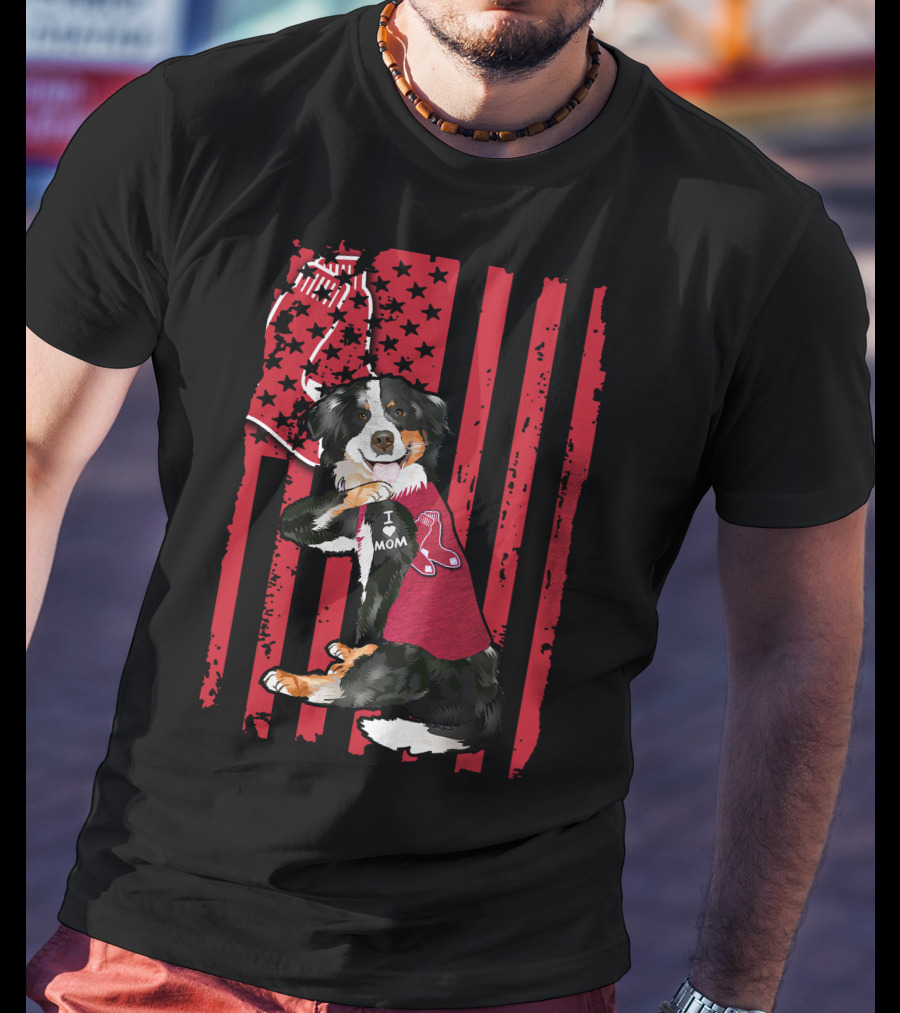 Border Collie I Love Mom Boston Red Sox Baseball Patriotic T-Shirt