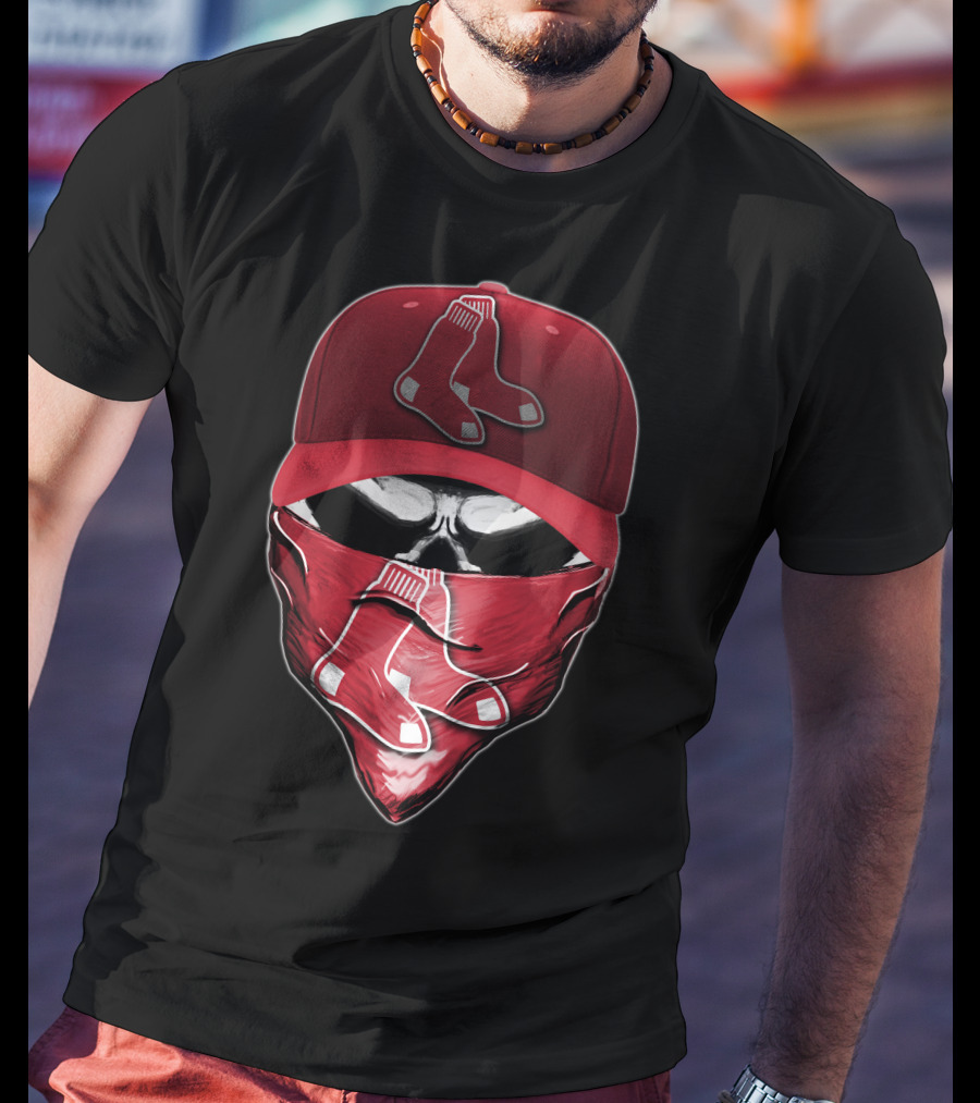 Skull Wearing Boston Red Sox Cap And Bandana T-Shirt
