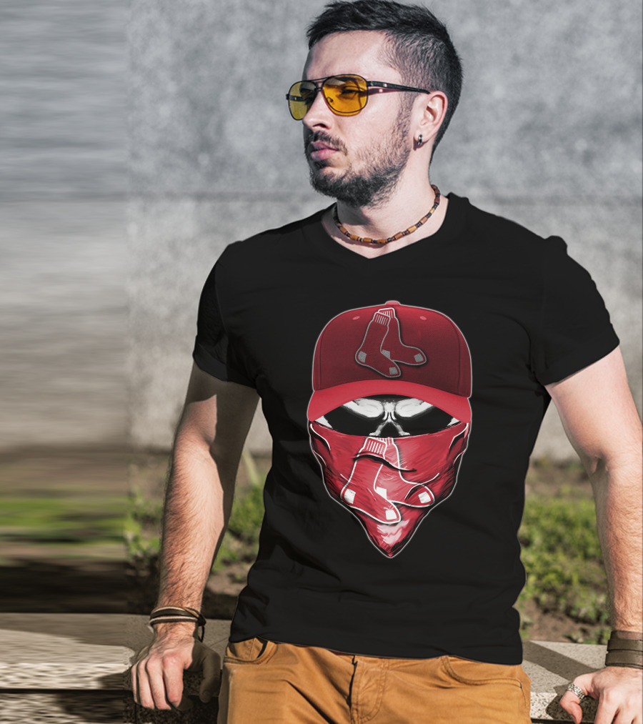Skull Wearing Boston Red Sox Cap And Bandana T-Shirt