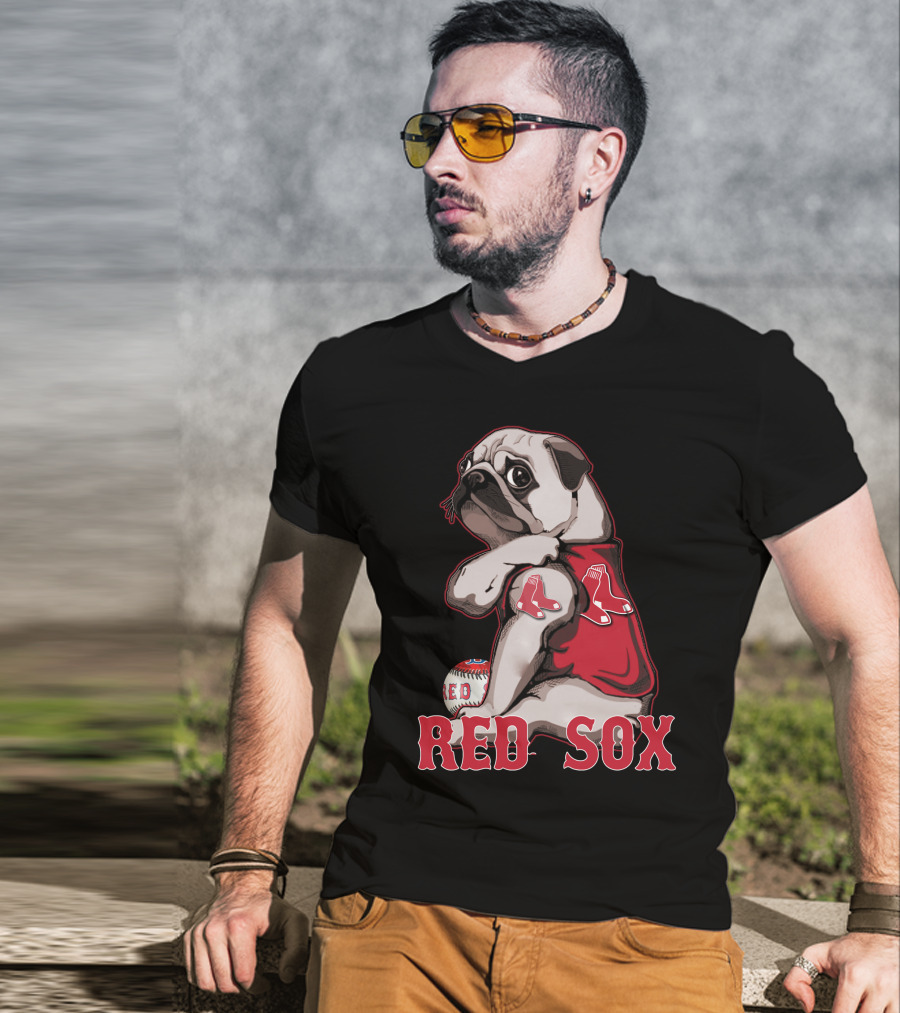Pug With Boston Red Sox Jersey And Baseball T-Shirt