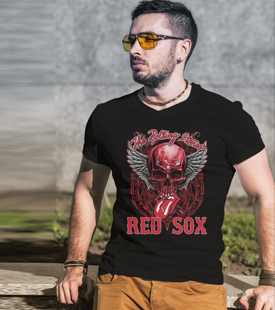 The Rolling Stones Boston Red Sox Skull And Tongue Logo Fusion T-Shirt