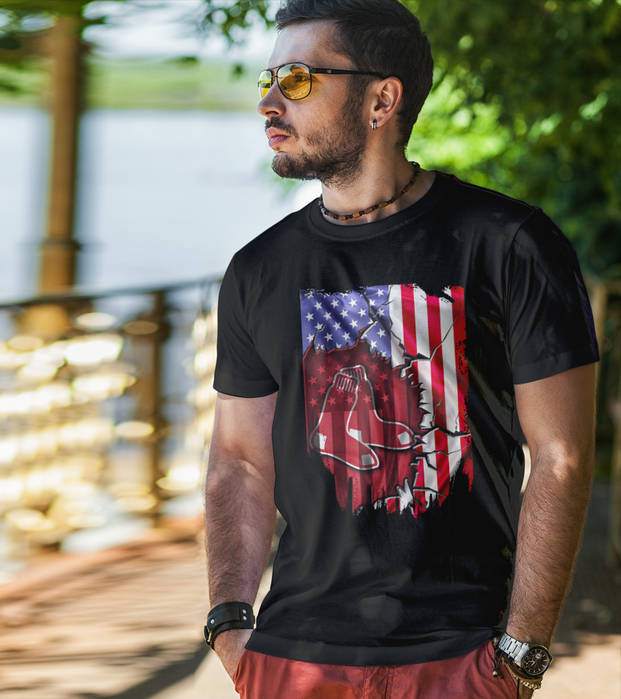 Flag Boston Red Sox American Stars And Stripes Patchwork T-Shirt