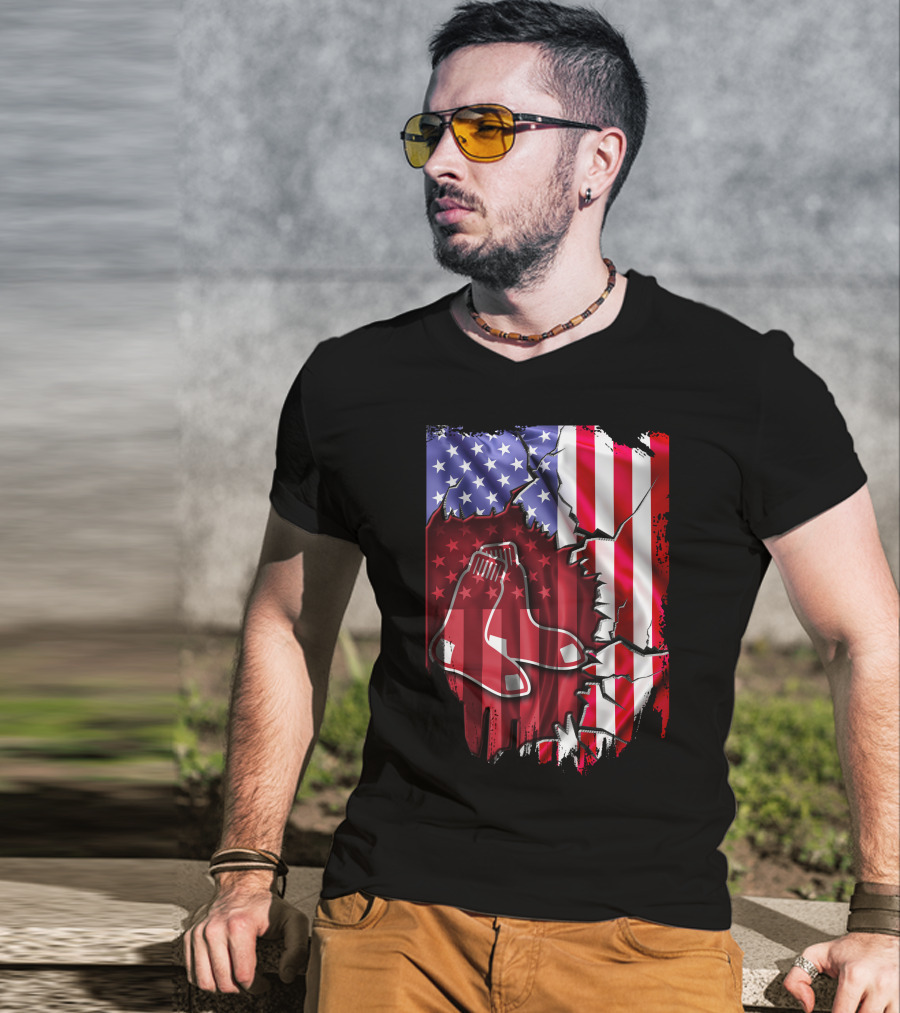 Flag Boston Red Sox American Stars And Stripes Patchwork T-Shirt