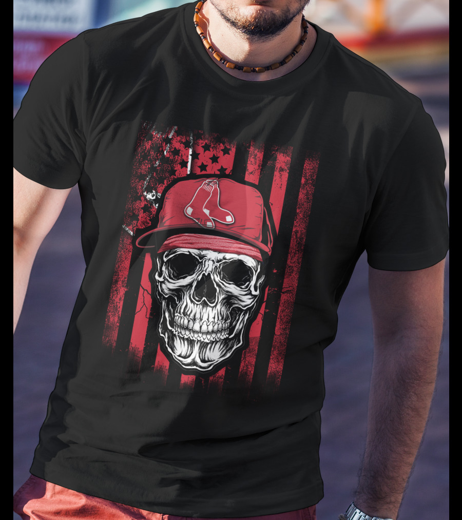 Boston Red Sox Skull Logo Cap On Red And Black T-Shirt