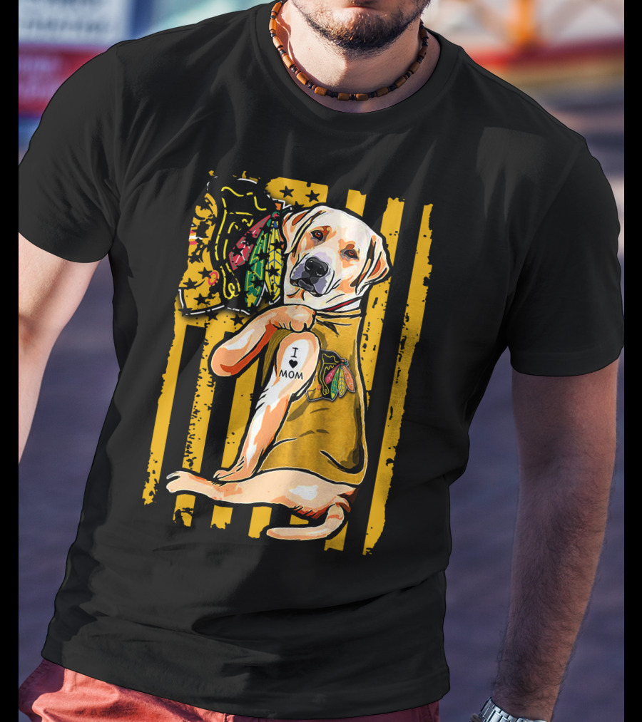 Labrador Retriever I Love Mom Chicago Blackhawks Stripes T-Shirt