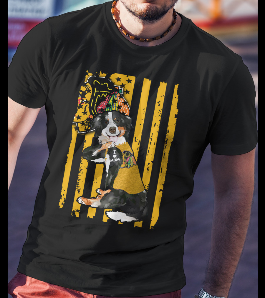 Border Collie I Love Mom Chicago Blackhawks Striped Party Hat T-Shirt