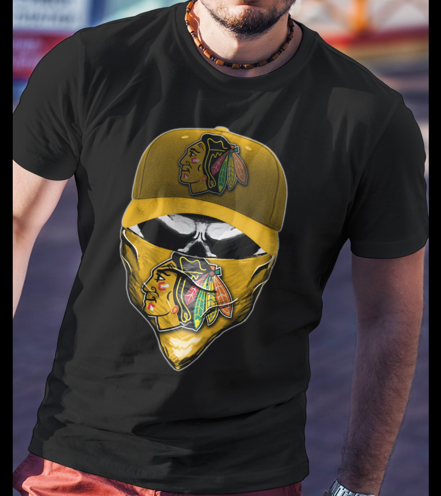 Skull Chicago Blackhawks Logo Hat And Bandana T-Shirt