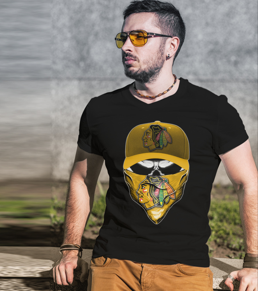 Skull Chicago Blackhawks Logo Hat And Bandana T-Shirt