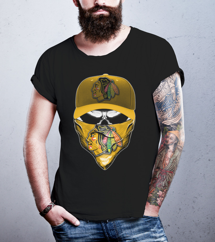 Skull Chicago Blackhawks Logo Hat And Bandana T-Shirt