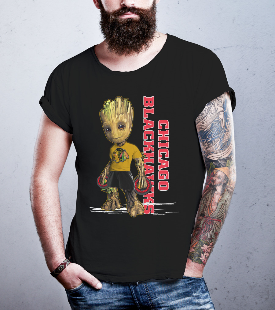 Groot Chicago Blackhawks Holding Hockey Pucks T-Shirt