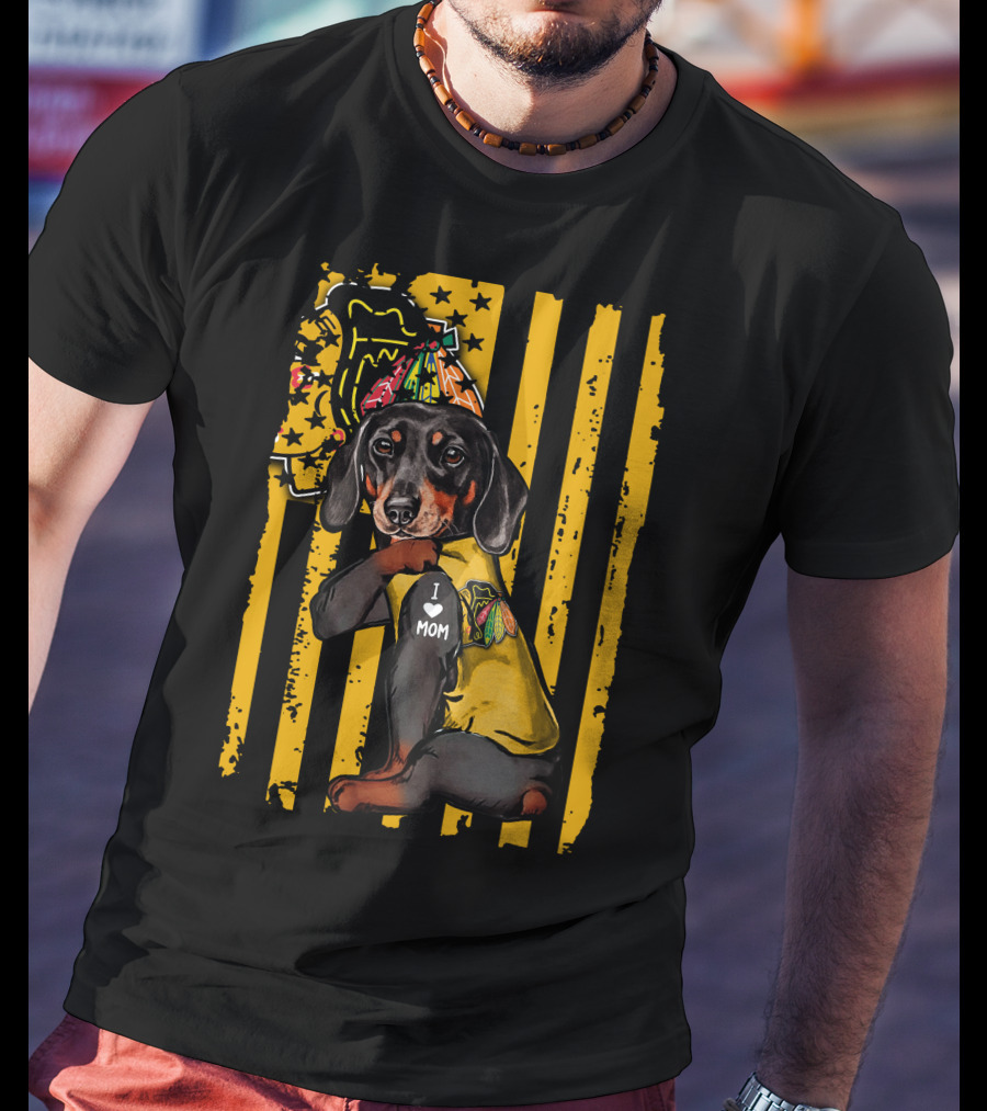 Dachshund In Chicago Blackhawks Outfit With I Love Mom Badge T-Shirt