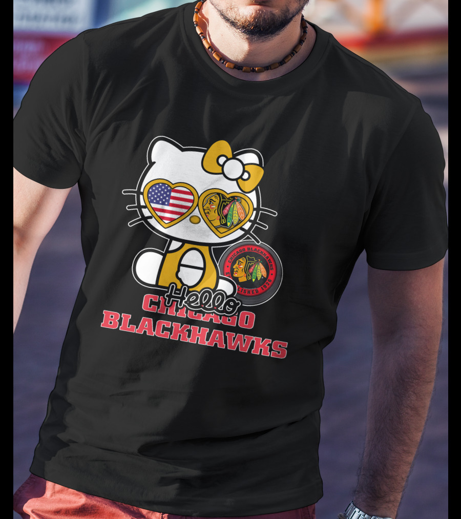 Hello Kitty Chicago Blackhawks American Flag Hockey Fan T-Shirt