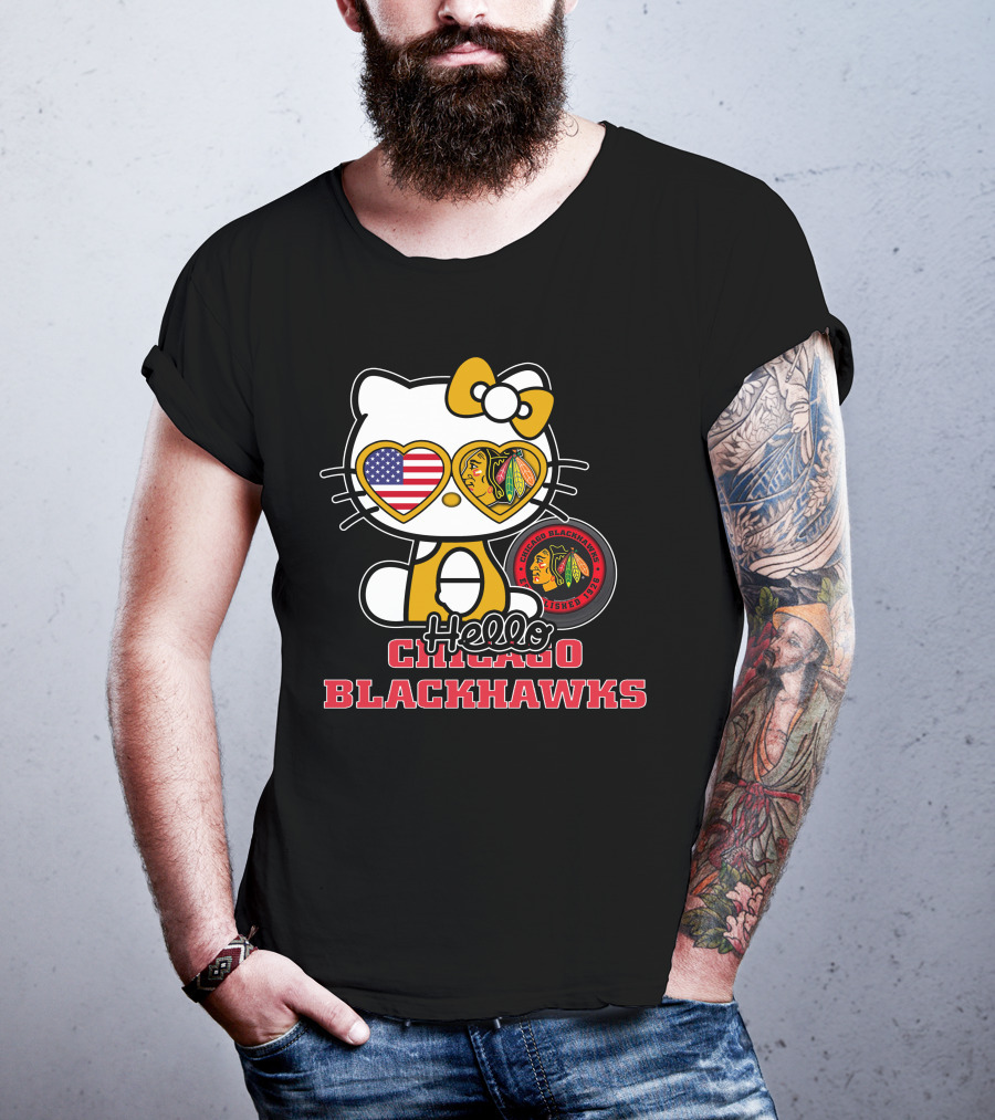 Hello Kitty Chicago Blackhawks American Flag Hockey Fan T-Shirt