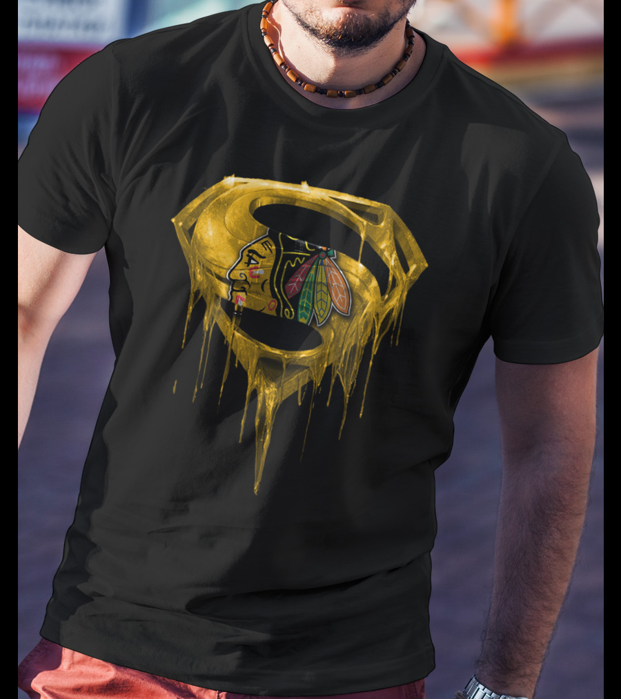 Superman Symbol With Chicago Blackhawks Logo Dripping Gold T-Shirt