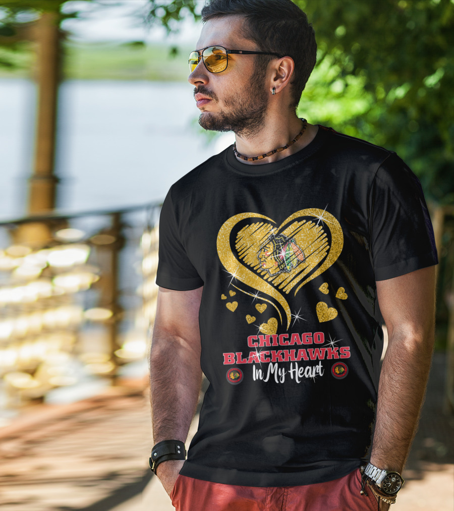 Chicago Blackhawks In My Heart Golden Glitter Logo Hearts T-Shirt