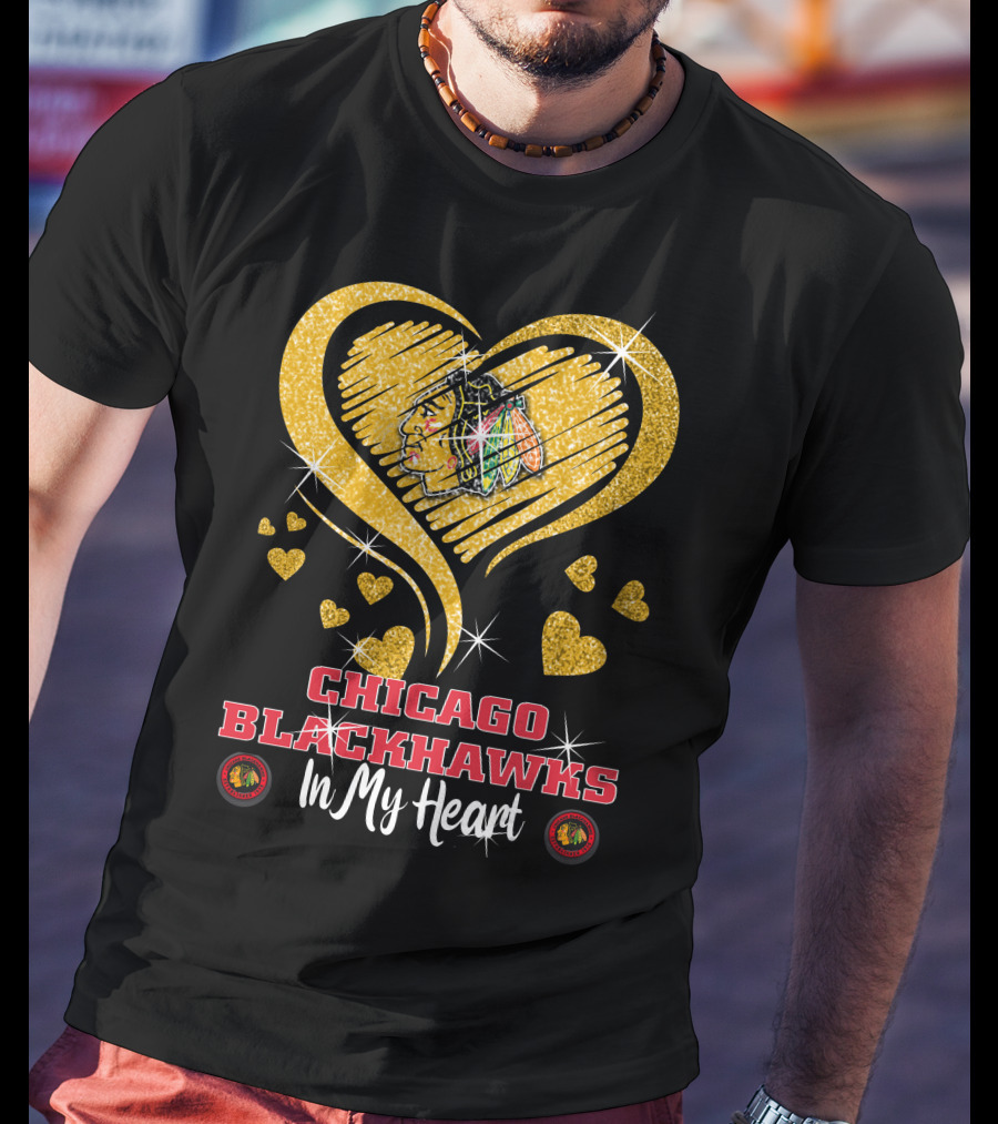 Chicago Blackhawks In My Heart Golden Glitter Logo Hearts T-Shirt