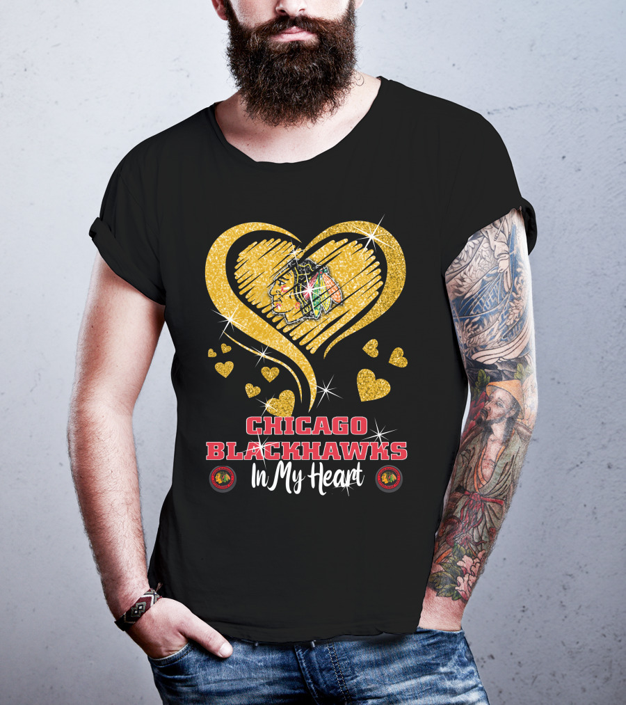 Chicago Blackhawks In My Heart Golden Glitter Logo Hearts T-Shirt