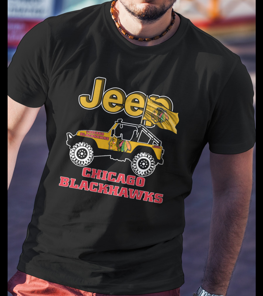 Jeep Chicago Blackhawks Off-Road Vehicle With Team Logo And Flag T-Shirt