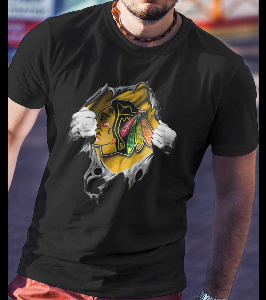 Torn Chicago Blackhawks Logo Peeking Through Ripped Fabric T-Shirt