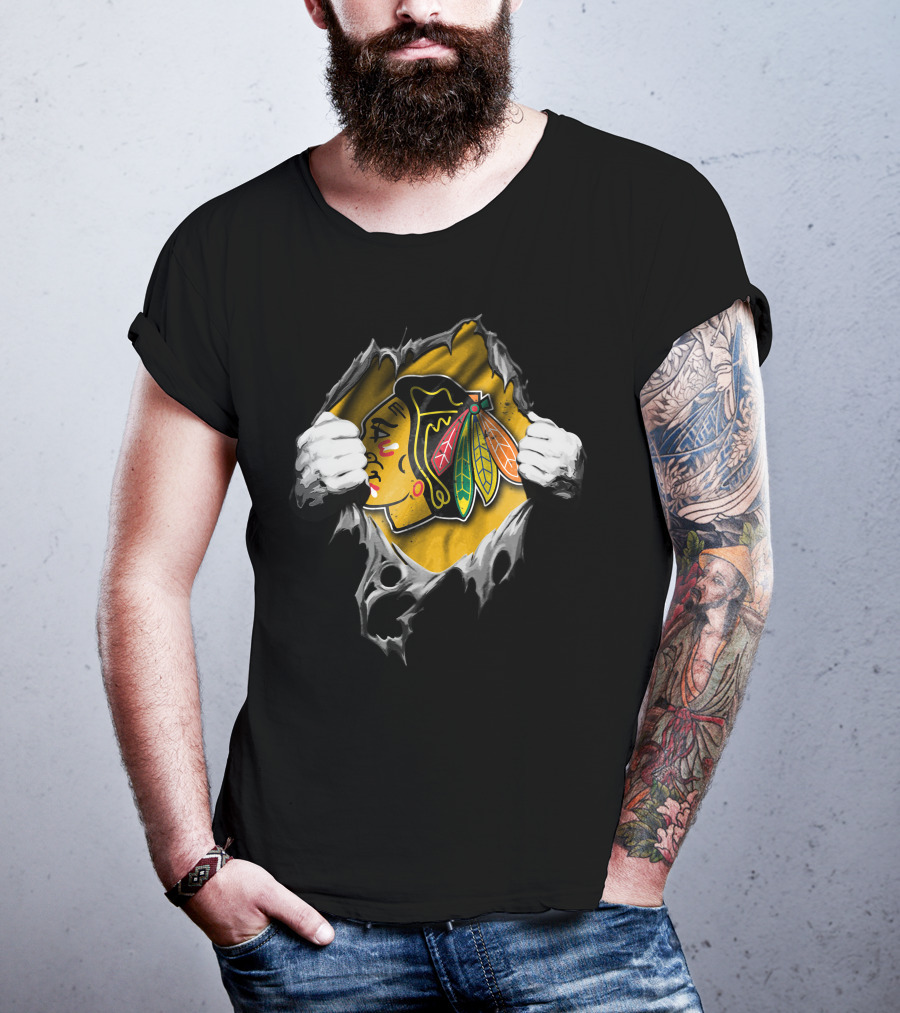 Torn Chicago Blackhawks Logo Peeking Through Ripped Fabric T-Shirt