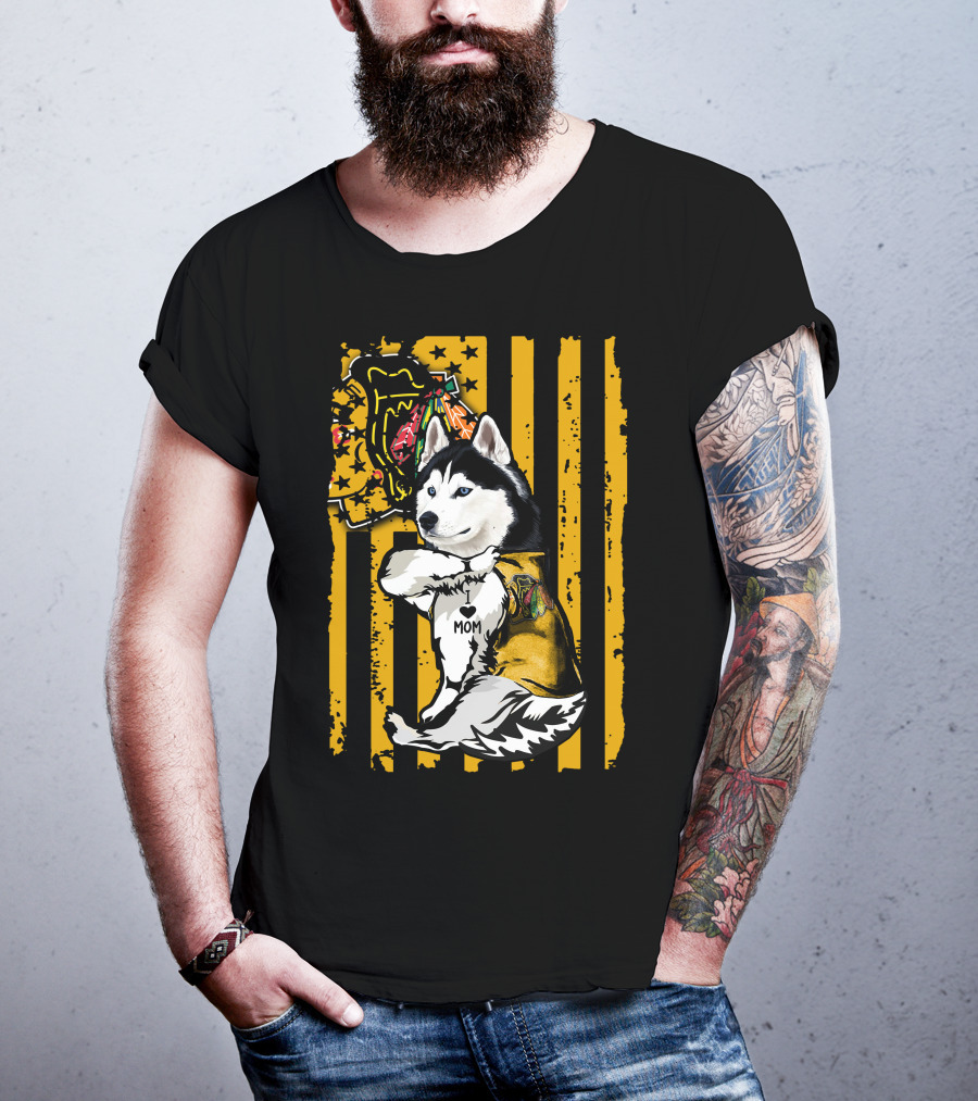 Siberian Husky I Love Mom Chicago Blackhawks Yellow Stripes T-Shirt