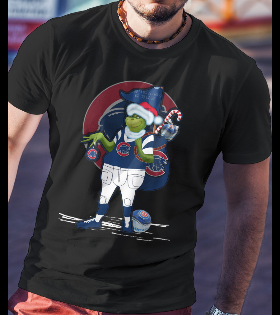 Grinchxmas Chicago Cubs Christmas Spirit With Santa Hat And Candy Cane T-Shirt