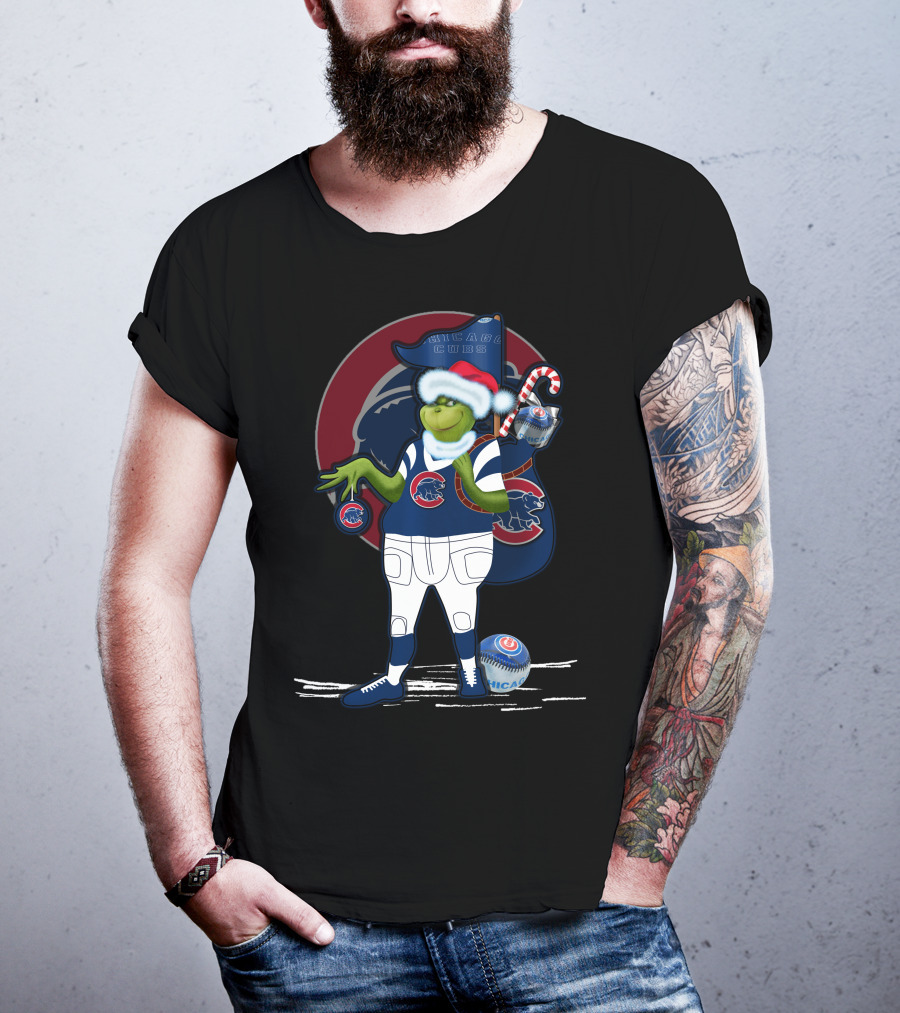 Grinchxmas Chicago Cubs Christmas Spirit With Santa Hat And Candy Cane T-Shirt