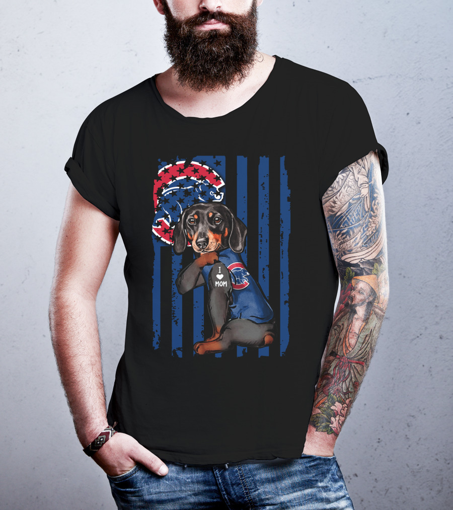 I Love Mom Dachshund Chicago Cubs American Flag T-Shirt