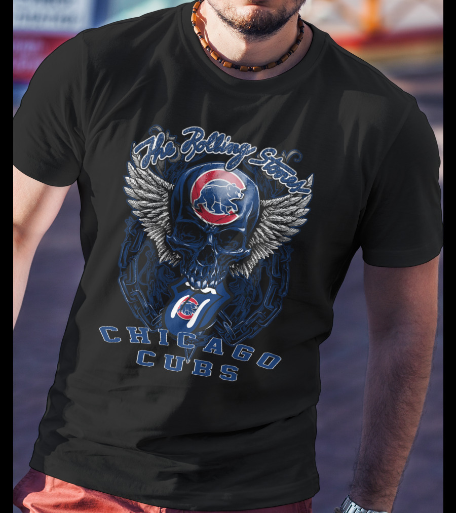 The Rolling Stones Chicago Cubs Skull Wings Logo Mashup T-Shirt