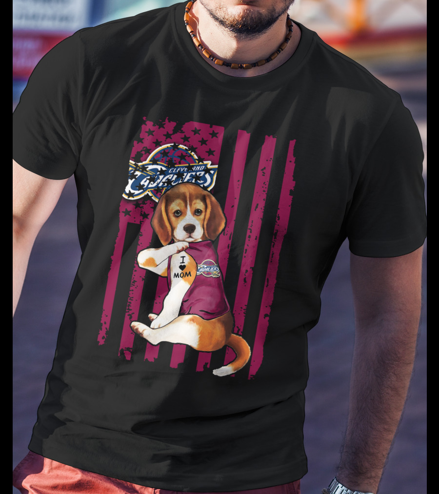 Beagle I Love Mom Cleveland Cavaliers Vintage Flag T-Shirt