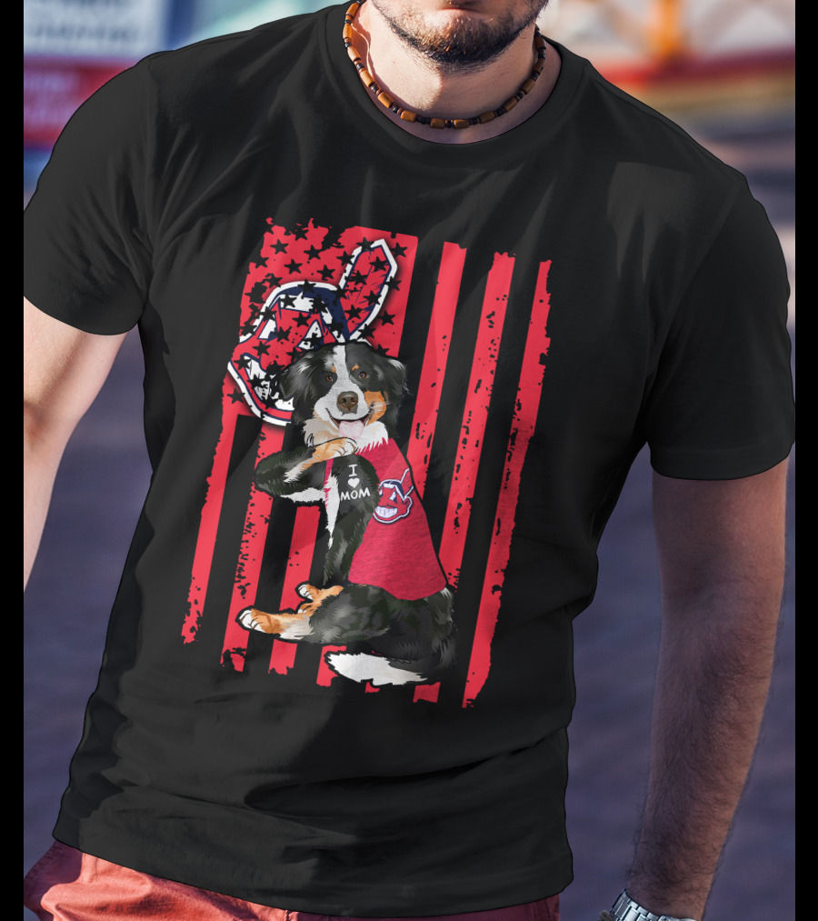 Border Collie American Flag Cleveland Guardians Tattoo I Love Mom T-Shirt