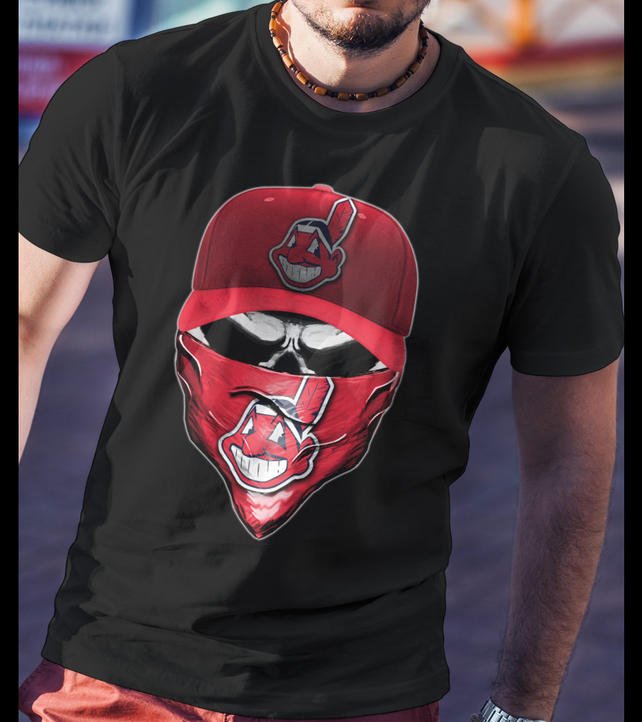 Cleveland Indians Chief Wahoo Skull Mask With Hat And Bandana T-Shirt