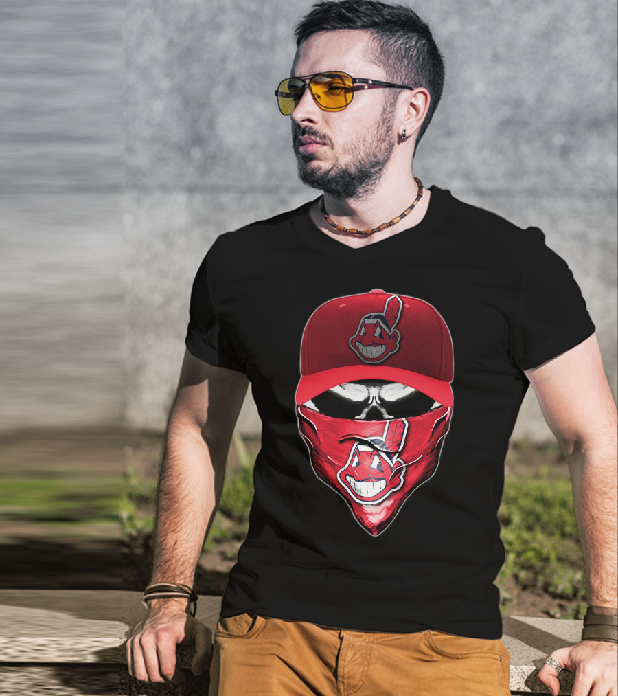 Cleveland Indians Chief Wahoo Skull Mask With Hat And Bandana T-Shirt