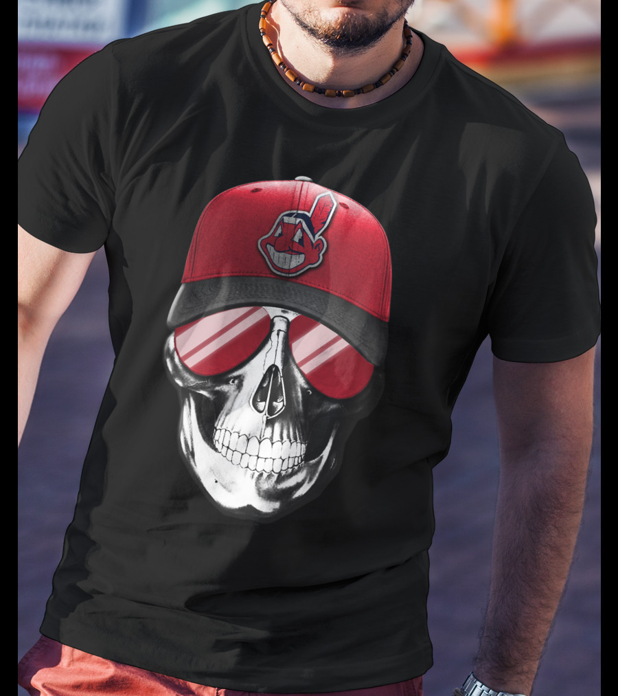 Skull With Cleveland Indians Cap And Sunglasses T-Shirt
