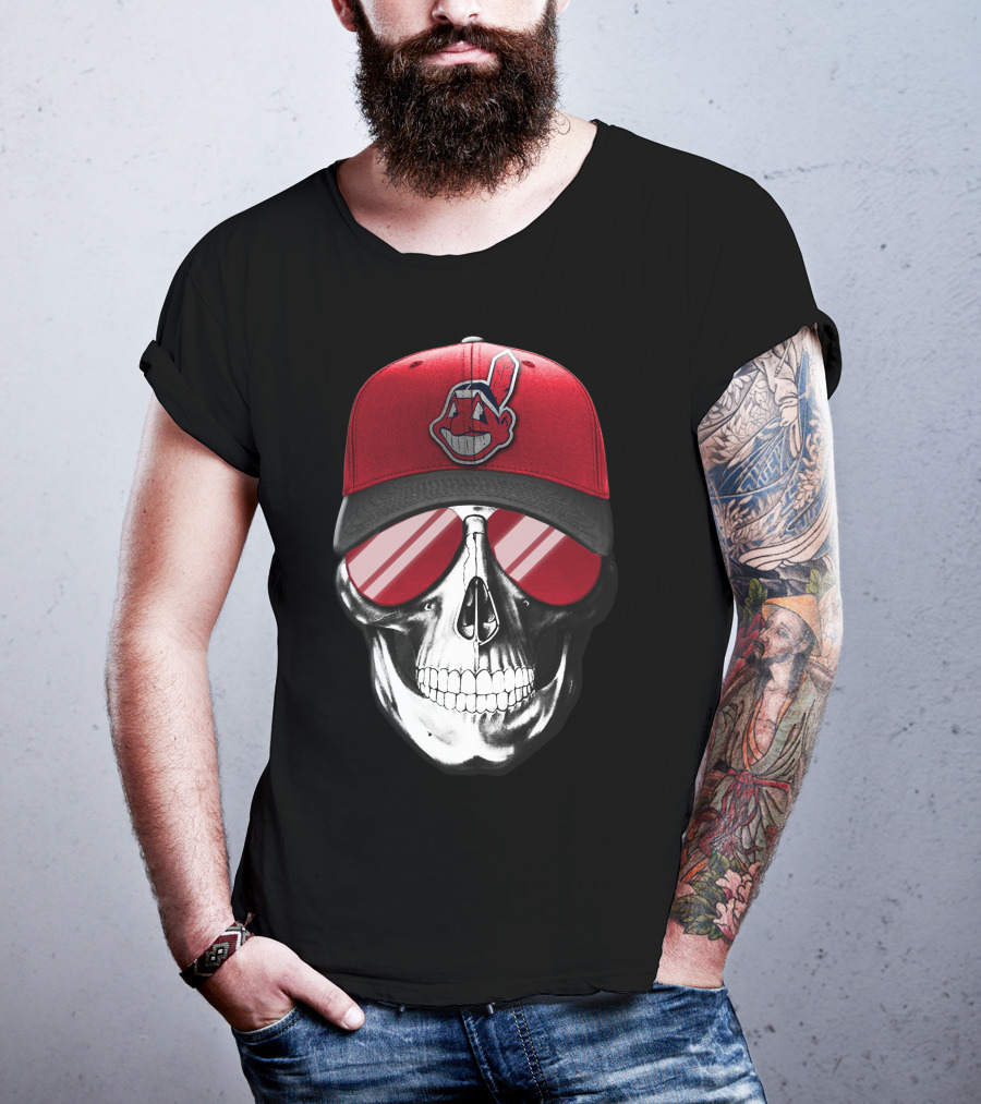 Skull With Cleveland Indians Cap And Sunglasses T-Shirt