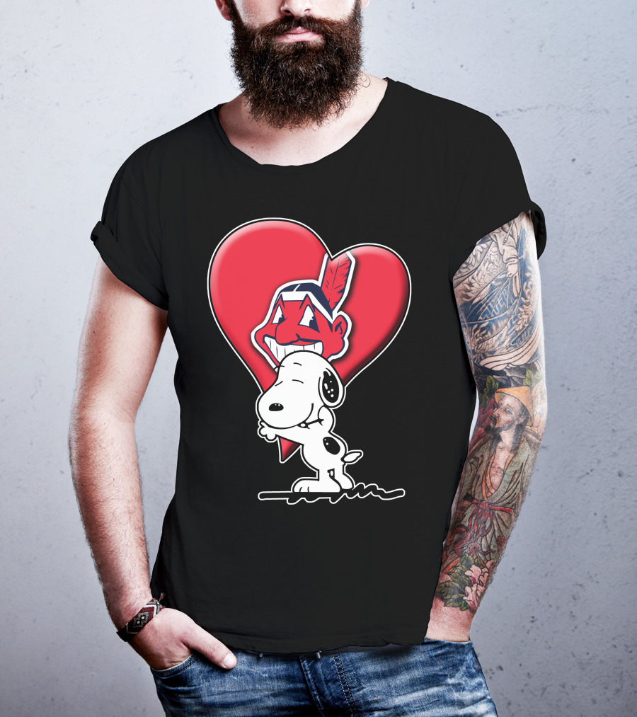 Snoopy Hugging Cleveland Indians Logo Heart T-Shirt