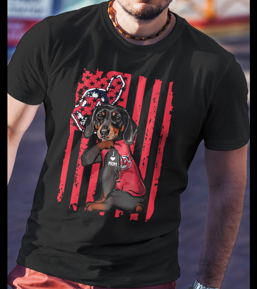 Dachshund With Baseball Team Logo And I Love Mom Patch On Red Stripes T-Shirt