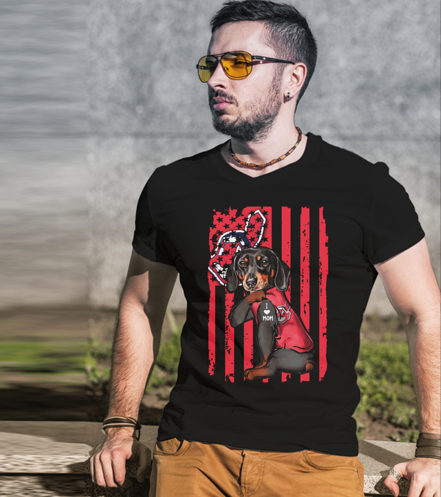 Dachshund With Baseball Team Logo And I Love Mom Patch On Red Stripes T-Shirt
