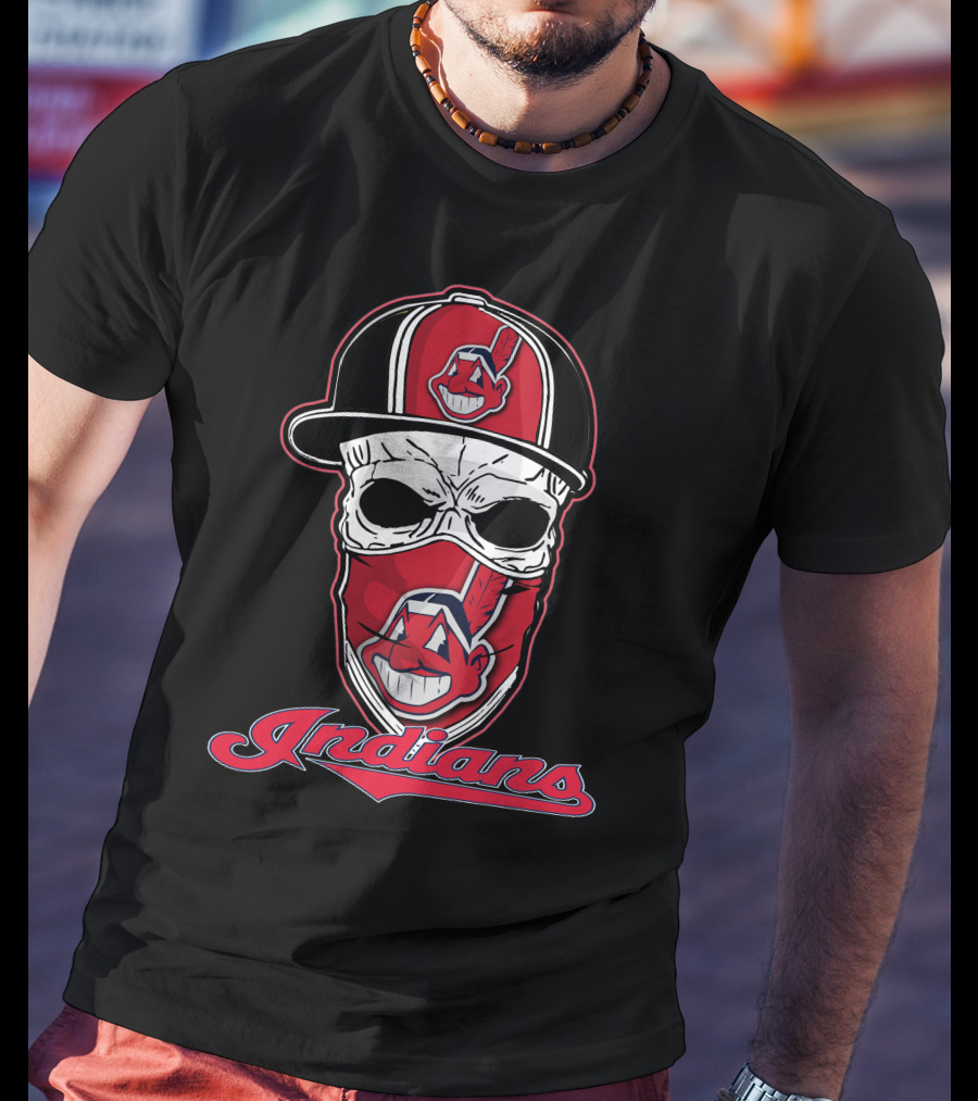 Cleveland Indians Skull Wearing Team Hat T-Shirt