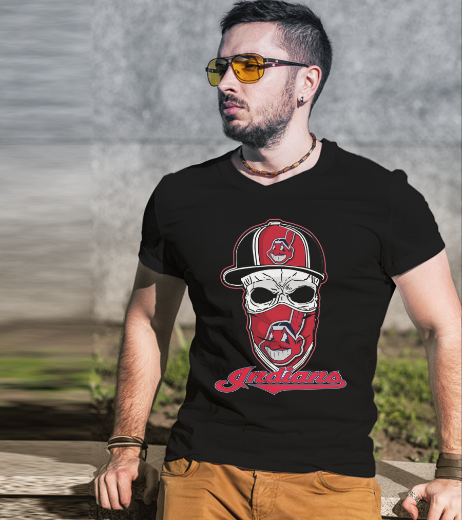 Cleveland Indians Skull Wearing Team Hat T-Shirt
